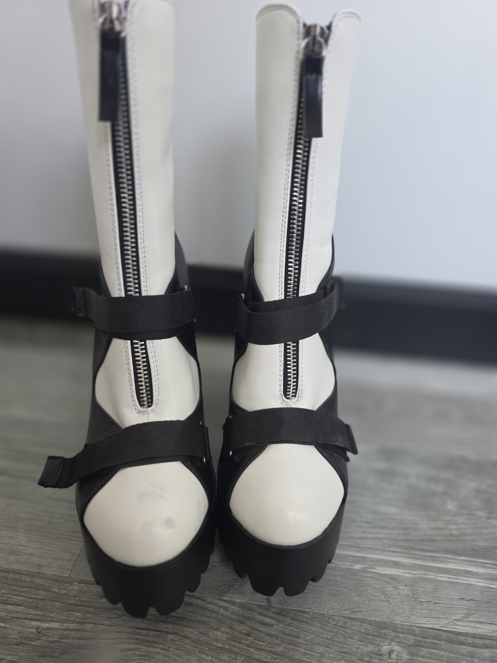 White and Black Platform Zip-Up Strap Boots